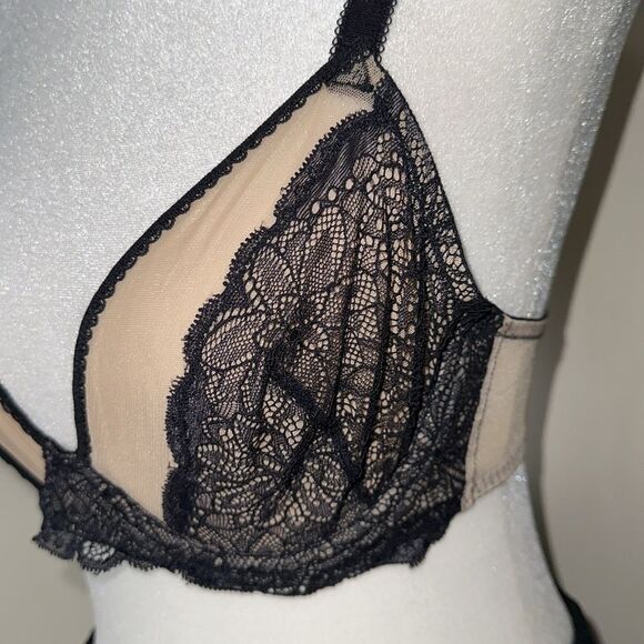 LILY OF FRANCE 36C Black Beige Unlined Lace Mesh Underwire Bra - Picture 4 of 11